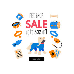 Cartoon style icons of a chinese crested. Design template card or promotion banner for traveling with a dog. Text 