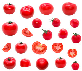 Isolated set of tomato on white background bright
