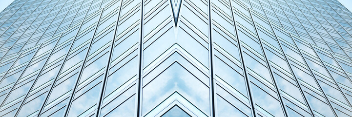 underside panoramic and perspective view to steel blue glass high rise building skyscrapers, business concept of successful industrial architecture