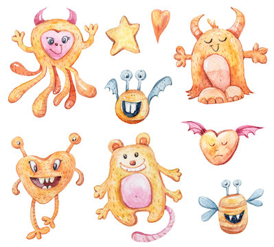 Watercolor hand painted cute cartoon monsters clipart. Illustration isolated on white background. Can be used for patterns, design greeting cards for holiday, birthday, invitations, poster, stickers