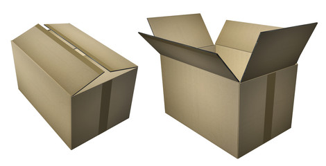 2 carton boxes isolated. Open and closed. Symbols of shipping and delivery (3D rendering)