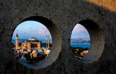 Panoramic view of Sultanahmet district with famous Hagia Sophia museum in Istanbul, Turkey