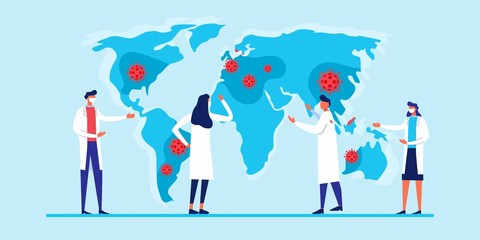 Epidemic MERS-CoV virus 2019-nCoV. World map with a doctor talking about corona outbreak. Prevent virus spreading. Viral pandemic. Online doctor. Vector medical illustration. Medical care, health