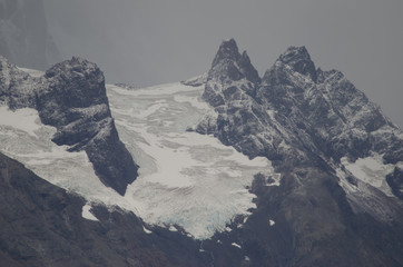 Cliffs and glacier in Torres del Paine National Park.