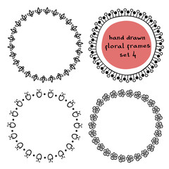 Collection of doodle floral frames/ Hand drawn monochrome design elements/ Vector illustration