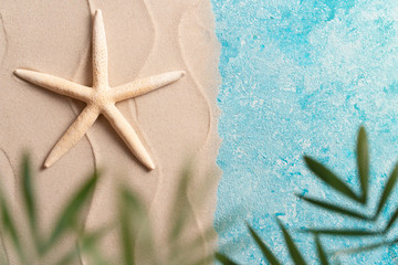 Fototapeta na wymiar summer beach background with sea star blurred Palm vacation and travel concept, Flat lay top view copy space Minimal exotic concept. Creative layout of sand waves and sea