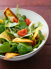 Winter purslane salad with zucchini, tomatoes, onions and toasted tortillas