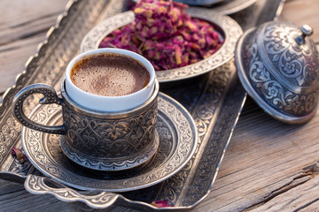Traditional delicious Turkish coffee and Turkish rose dessert