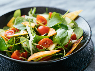 Winter purslane salad with zucchini, tomatoes, onions and toasted tortillas