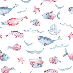 Watercolor hand painted sea life illustration. Seamless pattern on white background.Boat, fish, wave collection. Perfect for textile design, fabric, wrapping paper, scrapbooking
