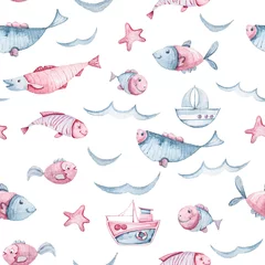 Wall murals Sea waves Watercolor hand painted sea life illustration. Seamless pattern on white background.Boat, fish, wave collection. Perfect for textile design, fabric, wrapping paper, scrapbooking