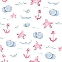 Watercolor hand painted sea life illustration. Seamless pattern on white background.Boat, fish, wave collection. Perfect for textile design, fabric, wrapping paper, scrapbooking