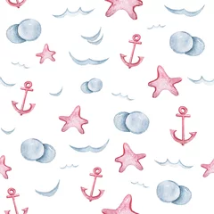 Foto op Plexiglas Golven Aquarel handgeschilderde zee leven illustratie. Naadloze patroon op witte achtergrond. Boot, vis, Golf collectie. Perfect voor textielontwerp, stof, inpakpapier, scrapbooking