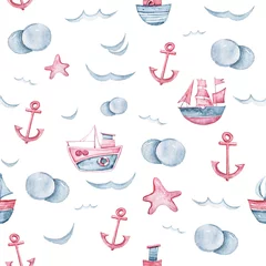 Behang Golven Aquarel handgeschilderde zee leven illustratie. Naadloze patroon op witte achtergrond. Boot, vis, Golf collectie. Perfect voor textielontwerp, stof, inpakpapier, scrapbooking