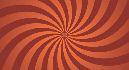 Sunburst background with orange and dark red rays. Spiral curved rotating background with rays.