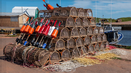 Lobster traps in fishing boat harbour