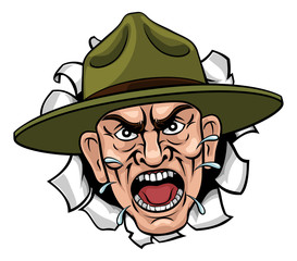 An angry army bootcamp drill sergeant soldier shouting cartoon