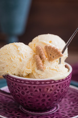 Vanilla yogurt flavour homemade ice cream, summer sundae in a cup on rustic background, close up, selective focus