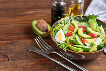 Salad of fresh cucumbers, spinach leaves, arugula, avocado. Served with slices of eggs and red pepper. Dietary nutrition. Breakfast for the whole family. Vitamin plate. On a dark wooden background.