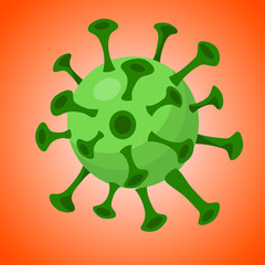 The green symbolic image of the virus is isolated on an orange background. Cartoon flat bacteria