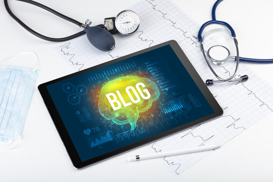 Tablet pc and medical tools with BLOG inscription, social distancing concept