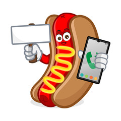 hotdog mascot cartoon illustration hold phone and blank sign