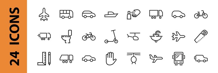 Set of public transport related vector line icons. Contains icons such as bus, bike, suitcase, car, scooter, truck, transport, trolley bus, sailboat, motor boat, plane and much more. Editable stroke.