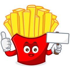 French Fries Mascot cartoon illustration hold blank sign and give thumb up