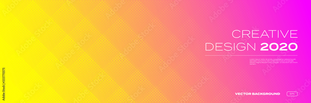 Poster Color gradient background, halftone pattern, vector abstract trendy geometric graphic design. Simple minimal square and dots halftone yellow and pink red color gradient pattern background