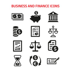 Business and finance icons set on white background.