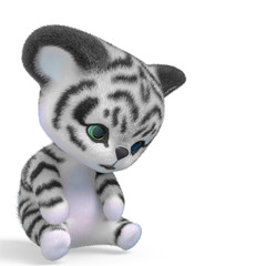 Fototapeta na wymiar cute tiger cartoon seated and sad in white background with copy space