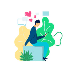 Man with Phone in Hand Sitting in Park. Man with Phone Write Love Massage. Park Area. Business Communication. Write Message. Man Sit on Bench Background of Tree. Vector Illustration. Sit on Bench.