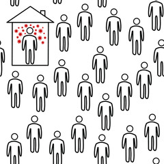 Coronavirus infected man covid-19 2019-ncov at home in quarantine and other people around. Social distance, self isolation in home. Simple vector pattern illustration of coronavirus 
