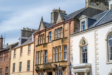 CLose view of scottish facades in Campbeltown old districts.
