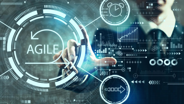 Agile concept with businessman on a dark vintage background