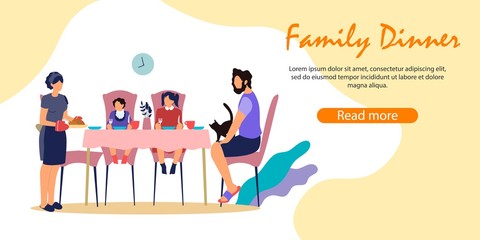 Happy Family Having Dinner, Father with Cat on Hands and Little Kids Boy and Girl Sitting, Mother Holding Tray with Roasted Chicken Serving on Table Cartoon Flat Vector Illustration, Horizontal Banner