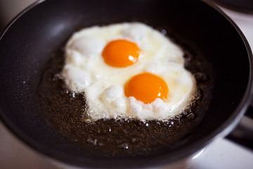 Two eggs fried in a pan with oil