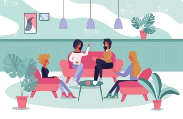 Female Friendly Informal Meeting for Refreshment and Talk. Cartoon Women People Characters Having Coffee or Tea Drinks and Chatting Together. Cafe or Cafeteria Interior. Vector Flat Illustration