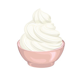 Whipped cream in bowl isolated on white background. Food icon. Vector illustration of sweet dairy dessert in cartoon flat style.