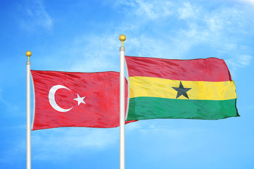 Turkey and Ghana two flags on flagpoles and blue cloudy sky