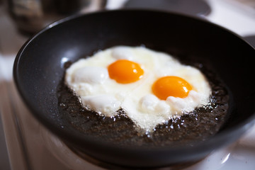 Close-up of two eggs cooking in a pan