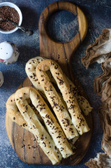 Puff filo pastry rolls with feta curd and spinach