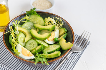 Salad of fresh cucumbers, spinach leaves, arugula, avocado. Served with slices of eggs and red pepper. Dietary nutrition. Breakfast for the whole family. Vitamin plate. On a light background.