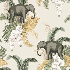 Behang Tropische print Vintage tropische palmbladeren, bloem witte orchidee, olifant dierlijke naadloze bloemmotief beige achtergrond. Exotisch safaribehang.