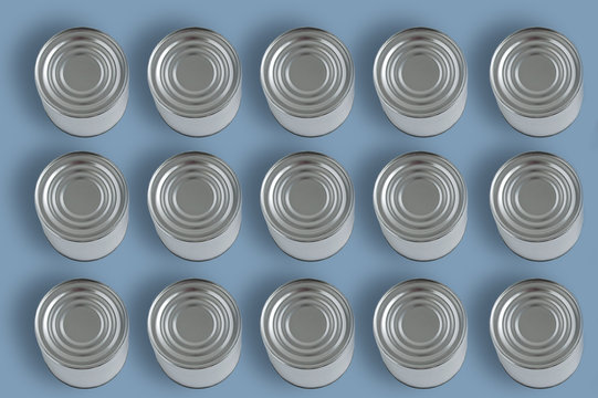 Canned food in a metal can on blue background. View from above.