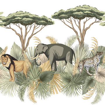 Vintage safari palm leaves, tree, lion, indian elephant, leopard animal floral seamless border white background. Exotic savanna wallpaper. © good_mood
