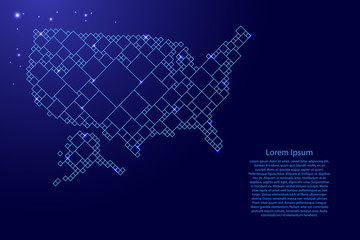 United States of America, USA map from blue pattern from a grid of squares of different sizes and glowing space stars. Vector illustration.