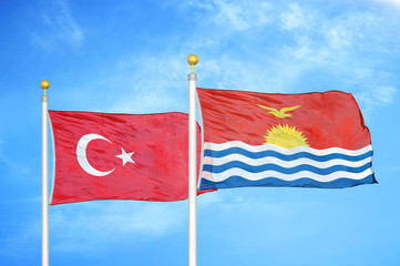 Turkey and Kiribati two flags on flagpoles and blue cloudy sky