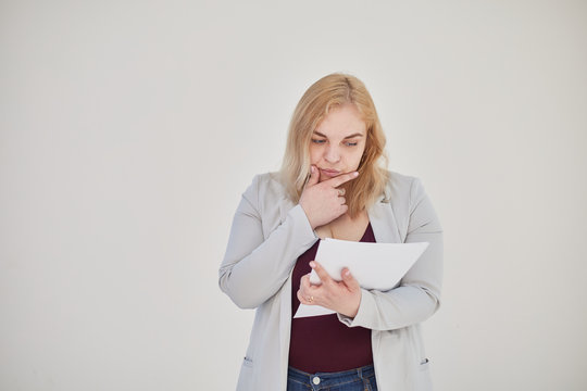 Fat Girl Blonde Holds A White Sheet Under The Inscription