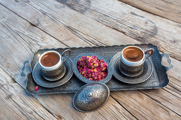 Traditional delicious Turkish coffee and Turkish rose delight dessert